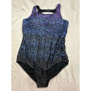 Womens High Neck One Piece Swimsuit Abstract Confetti Print Black Blue Purple